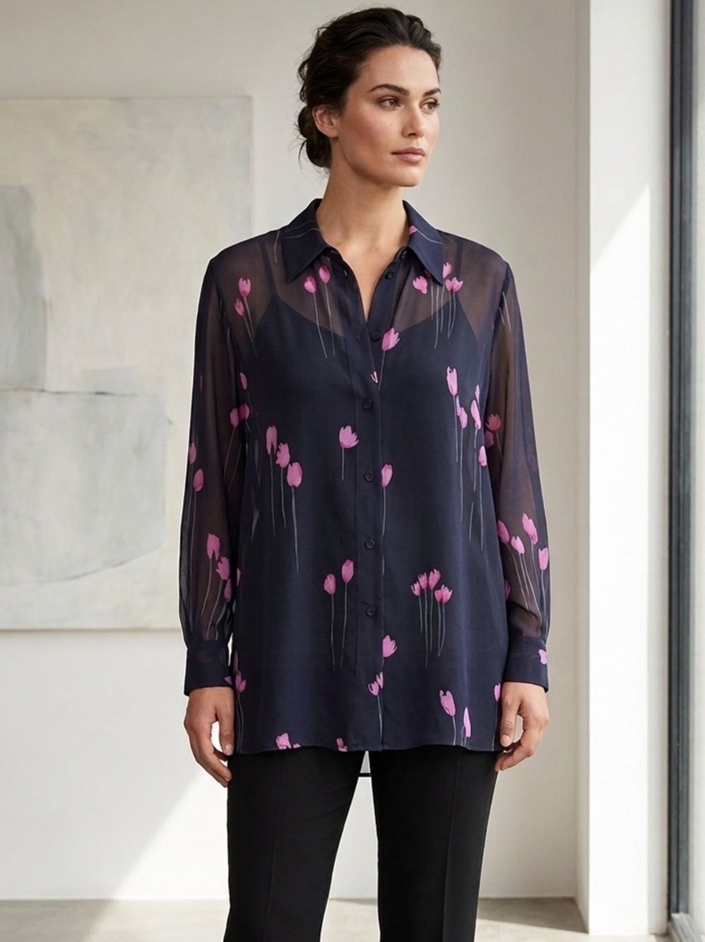 Marina Rinaldi Navy Sheer Button-Down Blouse with Pink Floral Motif